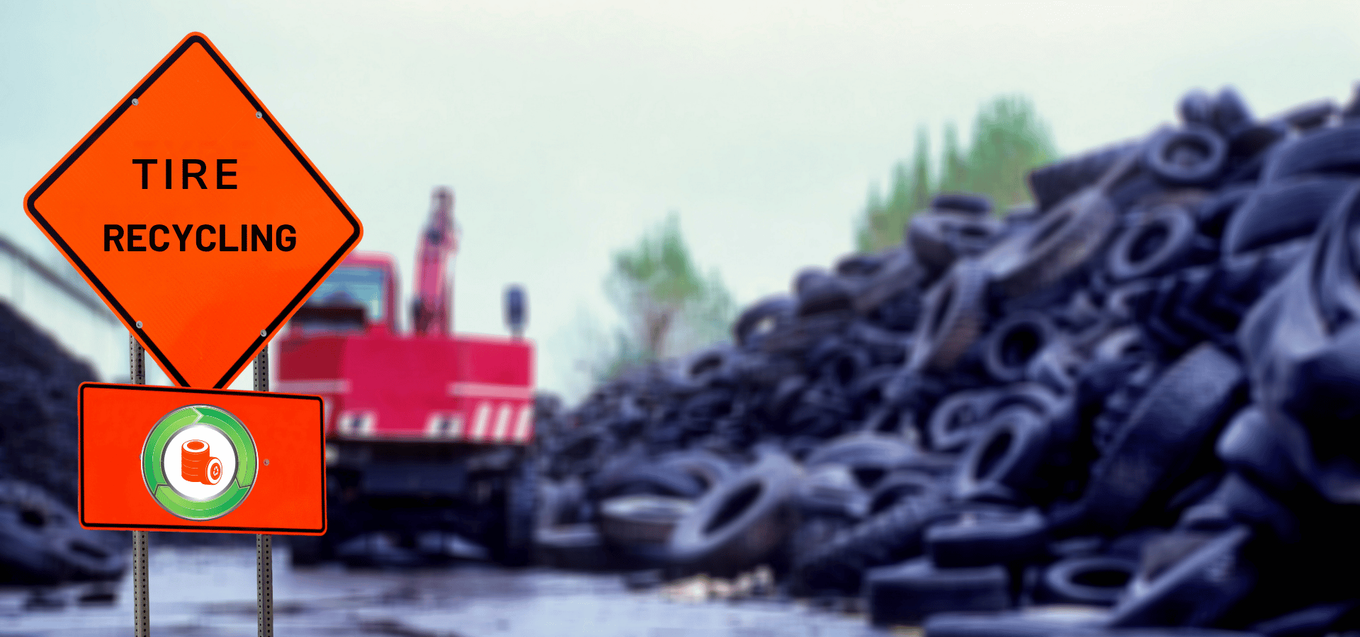 Tire recycling facility with road signs and scrap tire stockpile