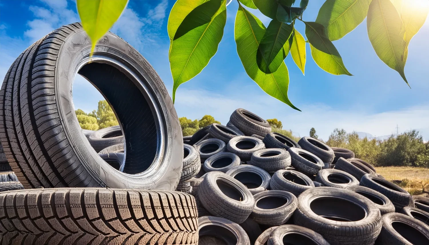 Tires stacked under clear blue sky framed by vibrant green leaves